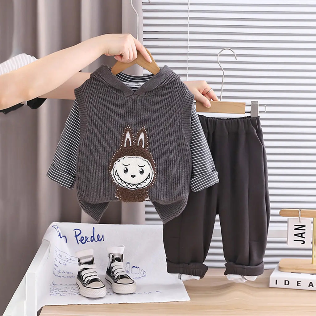 Boys Dark Grey Applique Hooded Sweater Vest With T-Shirt & Jogger Sets Sets Dark Grey 1-2 Y
