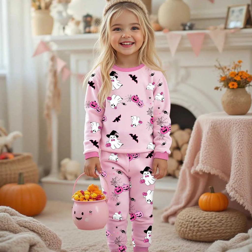 Girls Pink Halloween Theme Printed T-Shirt With Jogger Co-ord Sets 2 pc. Sets Pink 3-4 Y
