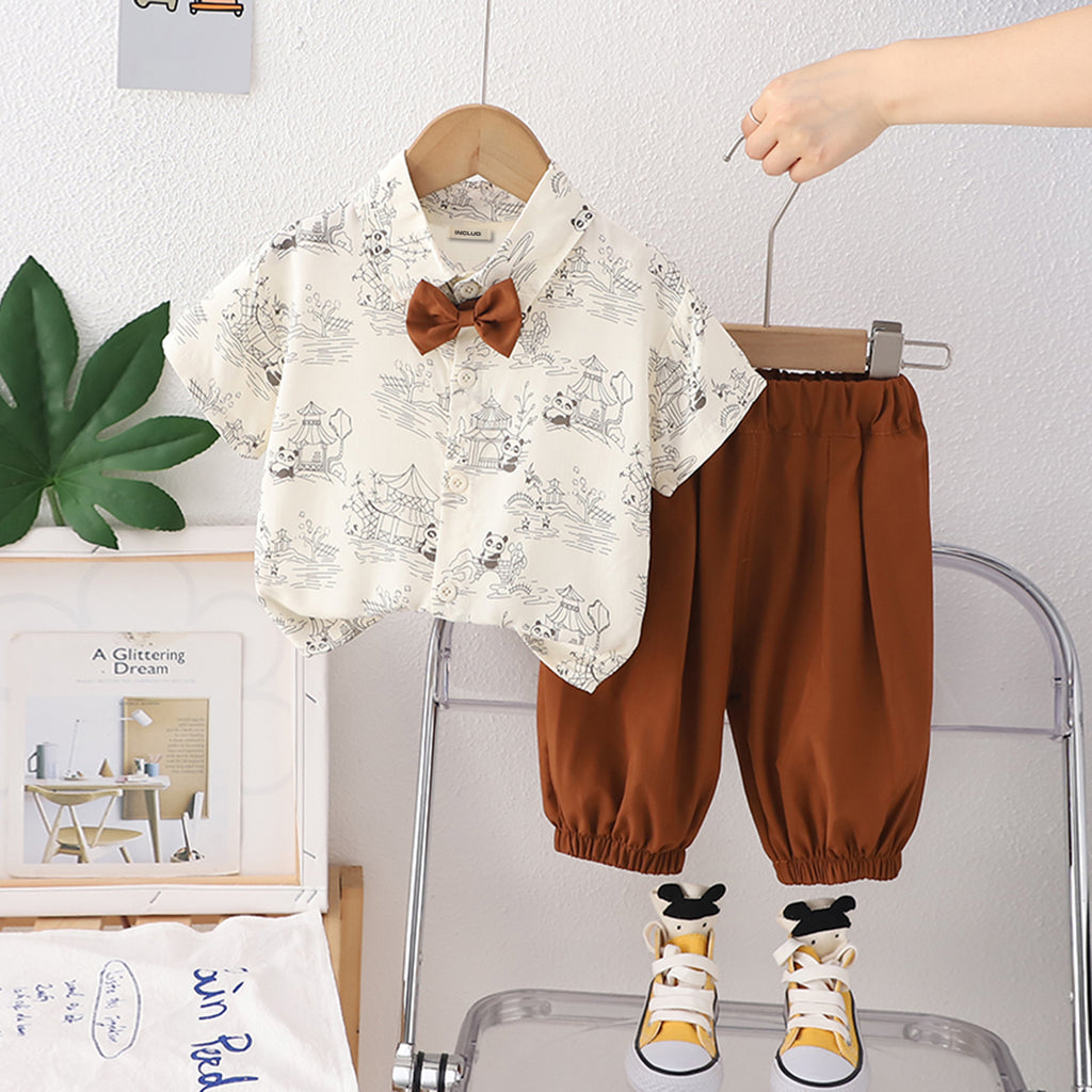 Boys Brown Panda Printed Shirt with Joggers Set Sets Brown 1-2 Y