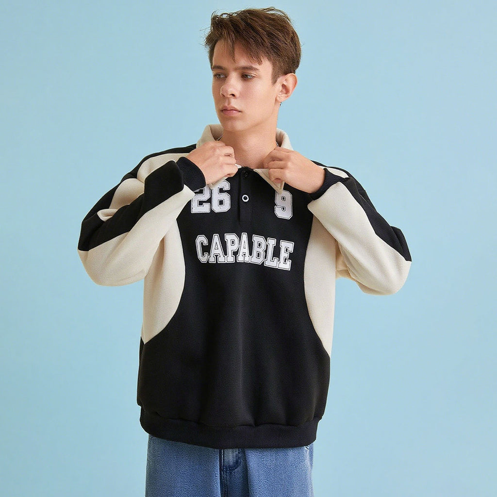Boys Black Alphanumeric Printed Polo Sweatshirt Sweatshirts & Hoodies