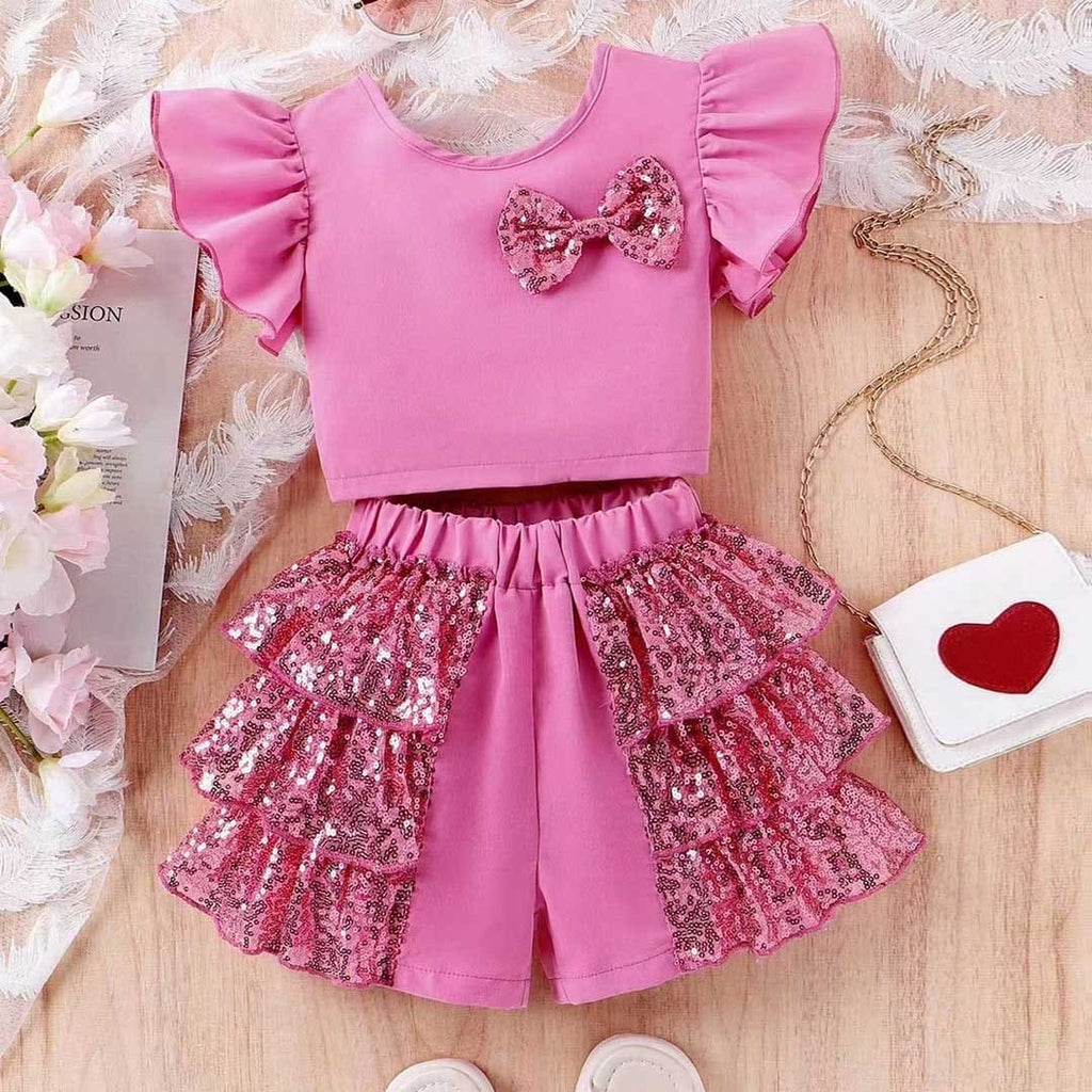 Girls Embellished Party Wear Top & Shorts Set Party Dresses Pink 4-5 Y 
