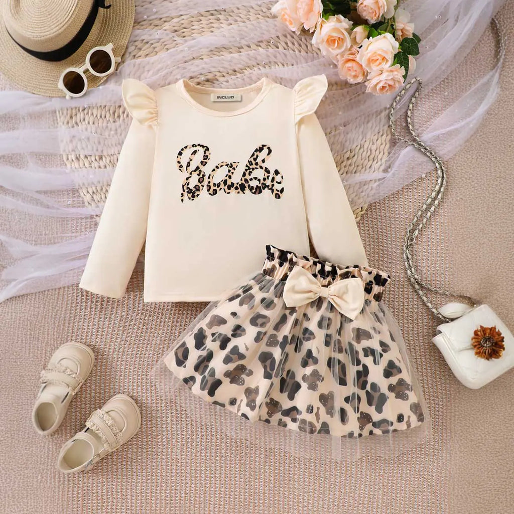 Girls Apricot Typographic Printed Top With Skirt Sets 2 pc. Sets Apricot 3-4 Y