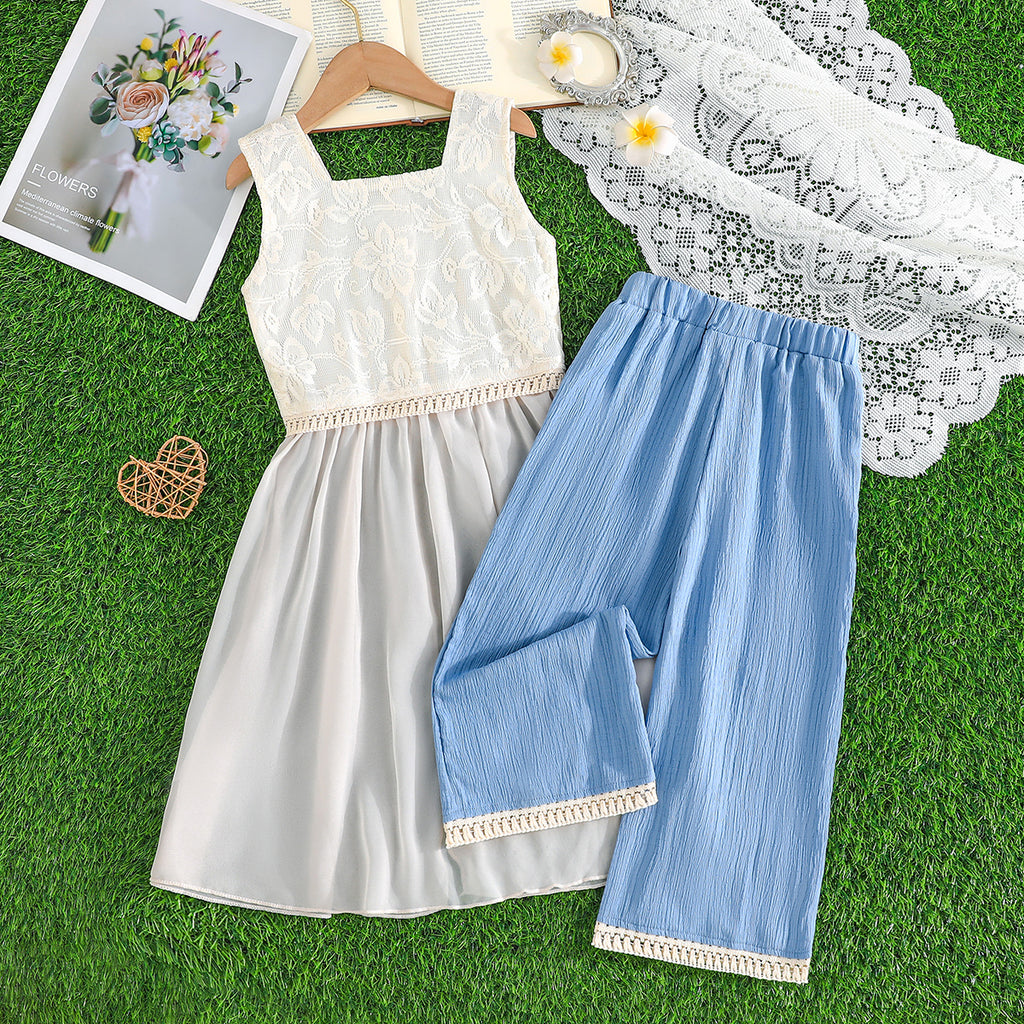 Girls Grey Floral Lace Fit And Flared Summer Dress With Pants Set 2 pc. Sets Grey 3-4 Y
