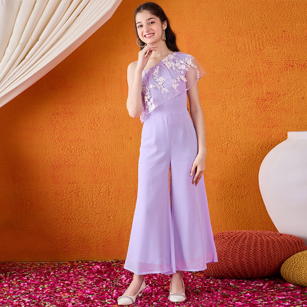 Girls Purple One Shoulder Floral Embroidery Jumpsuit Jumpsuits Purple 4-5 Y