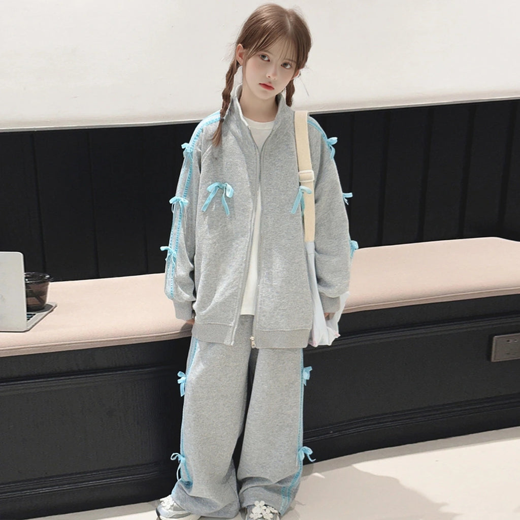 Girls Grey Bow Detailed Oversized Zip-up Jacket With Pants Co-ord Sets Sets Grey 5-6 Y