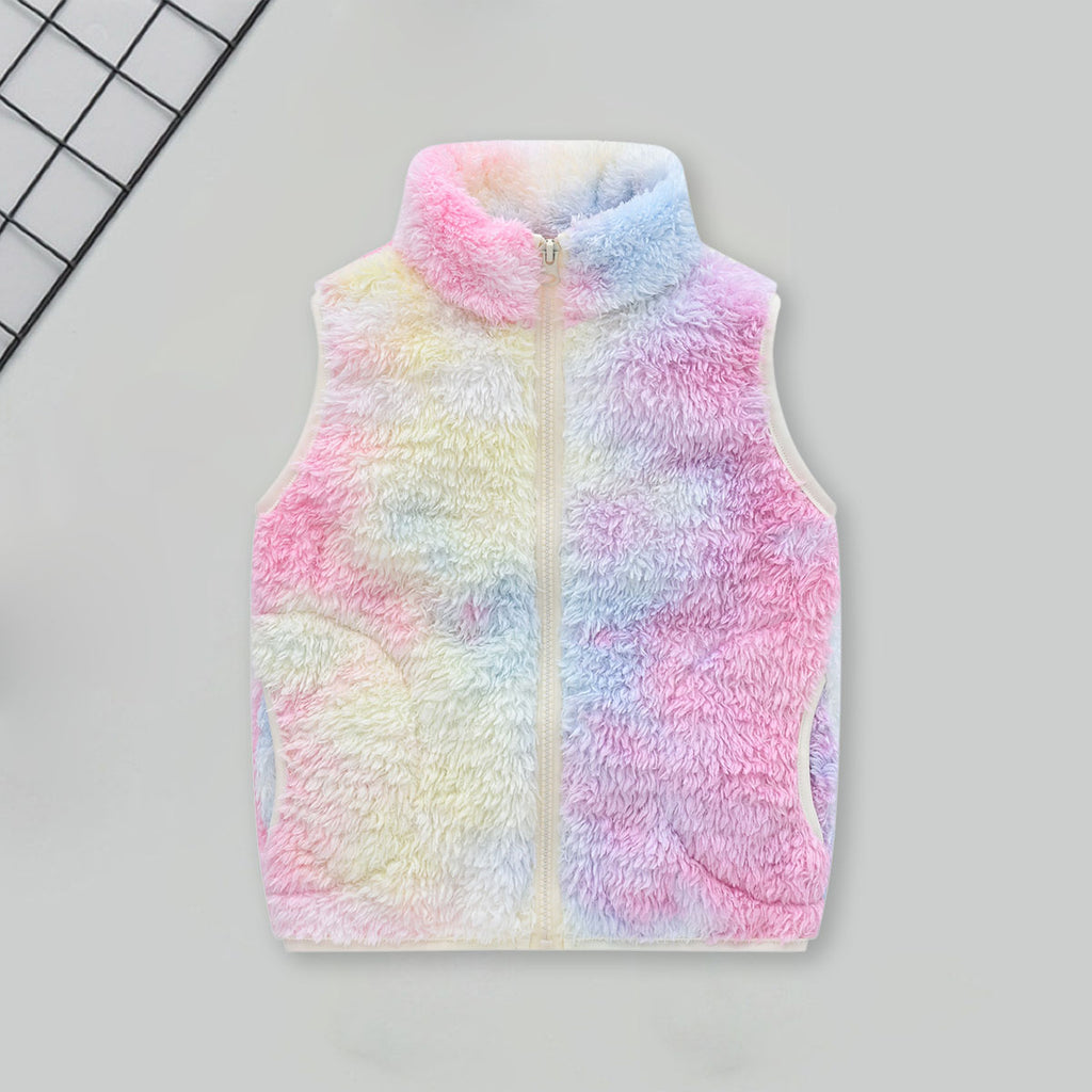 Girls Multicolor Tie-Dye Printed Fleece Front Zipper Sleeveless Winter Jacket Coats & Jackets Multicolor 3-4 Y