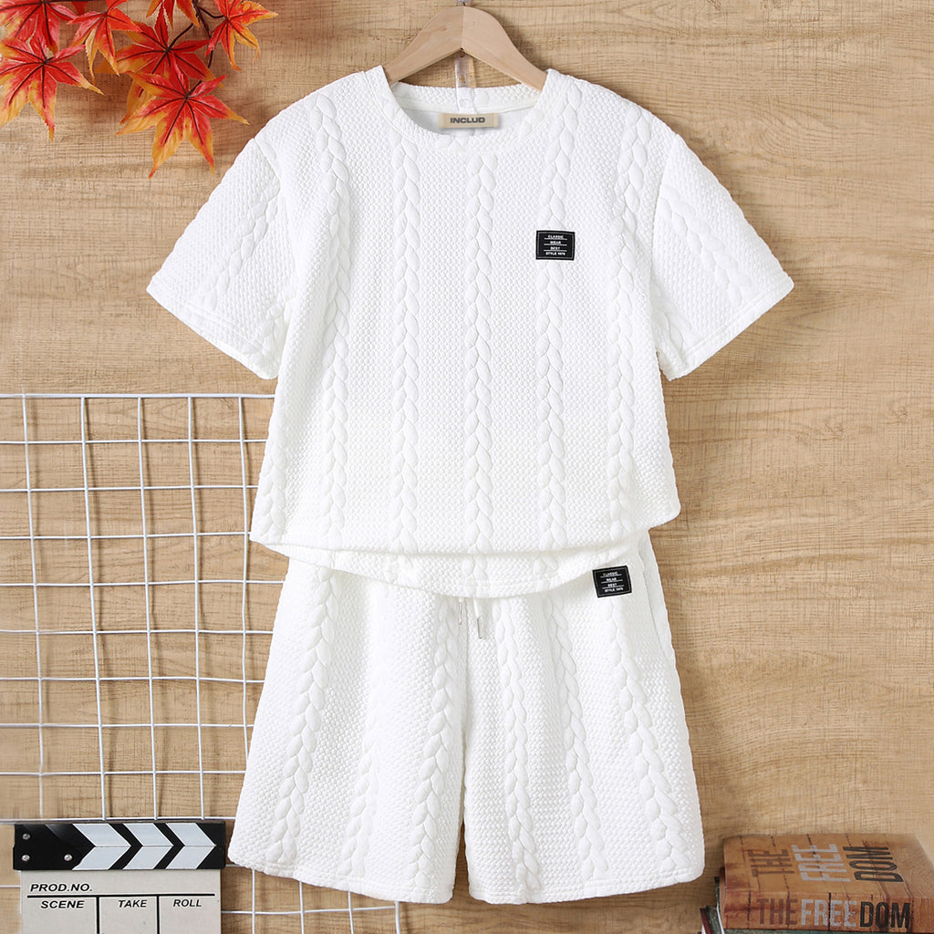 Boys Cable Knit Textured T-shirt & Shorts Set Sets White 12-13 Y