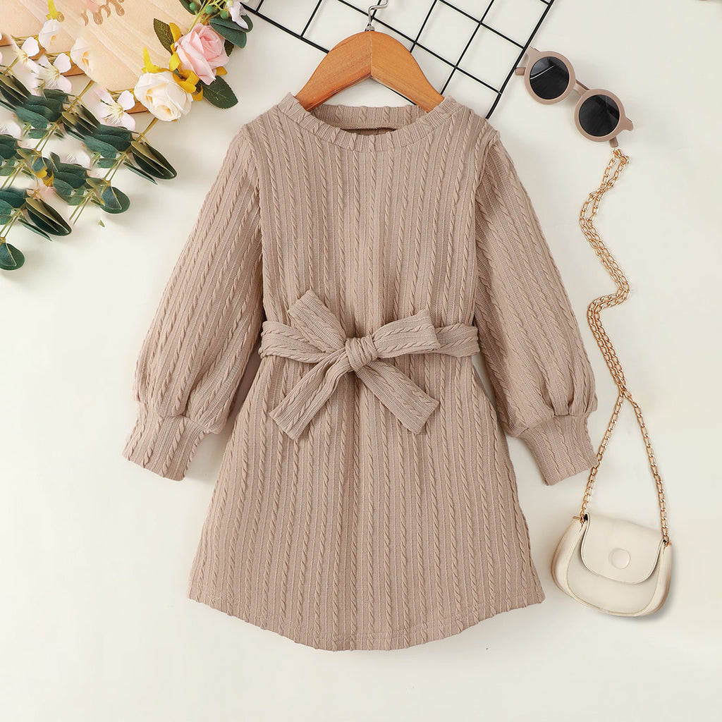 Girls Light Brown Textured Full Sleeves Dress with Matching Belt Casual Dresses Brown 3-4 Y