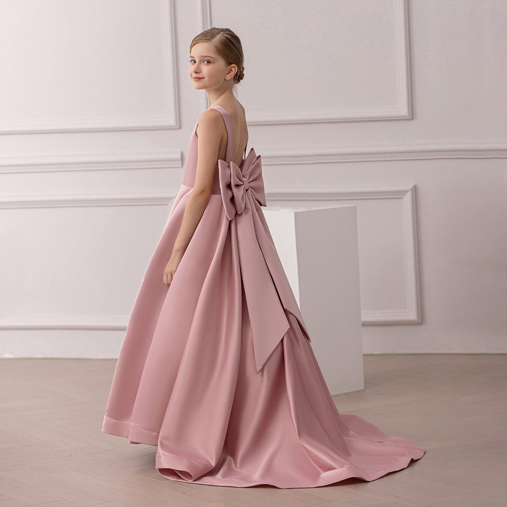 Girls Pink Plain Duchess Satin Party Gown with Statement Back Bow Party Dresses Pink 7-8 Y