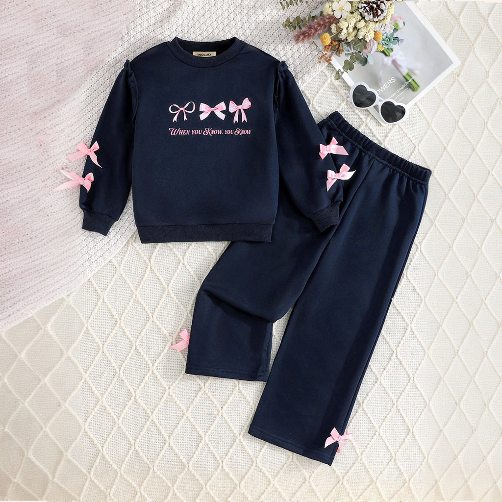 Girls Navy Printed Sweatshirt with Bows & Flared Pants Set Sets Navy Blue 3-4 Y