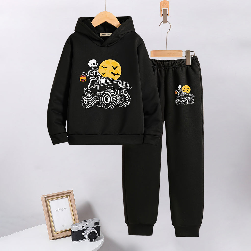 Boys Black Spooky Printed Hooded Sweatshirt with Joggers Set Sets Black 5-6 Y