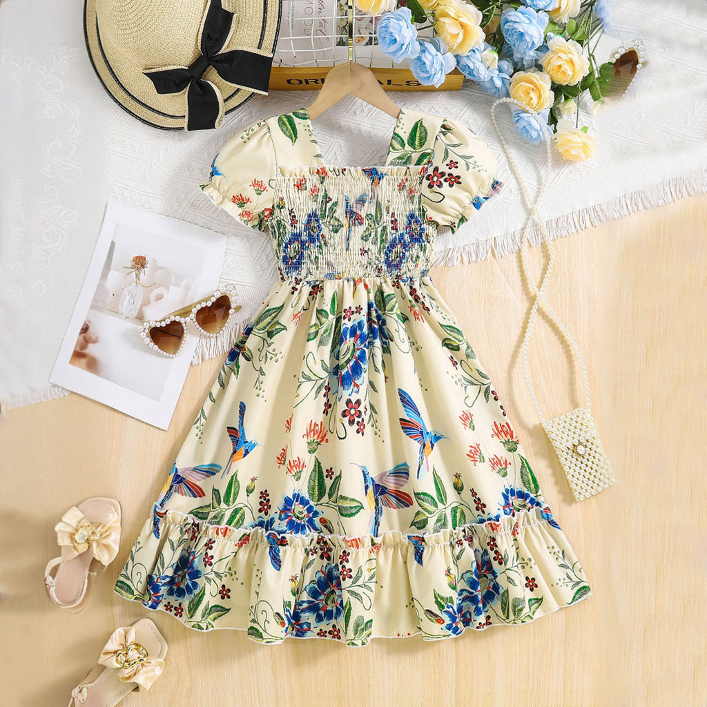 Girls Apricot Bird Printed Puff Sleeves Smocked Fit & Flare Casual Dress Casual Dresses