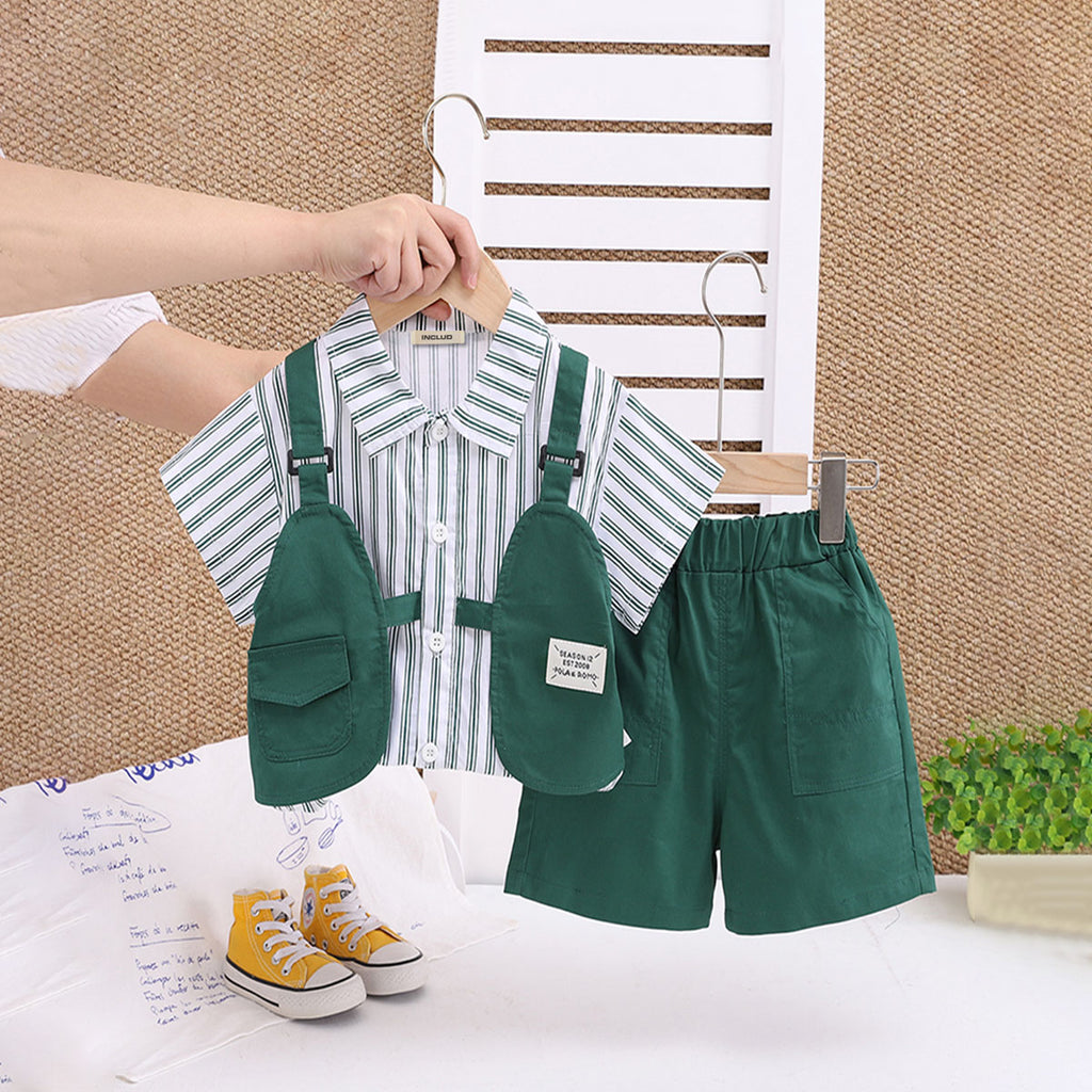 Boys Green Striped Short Sleeve Shirt With Shorts Set 2 pc. Sets Green 1-2 Y