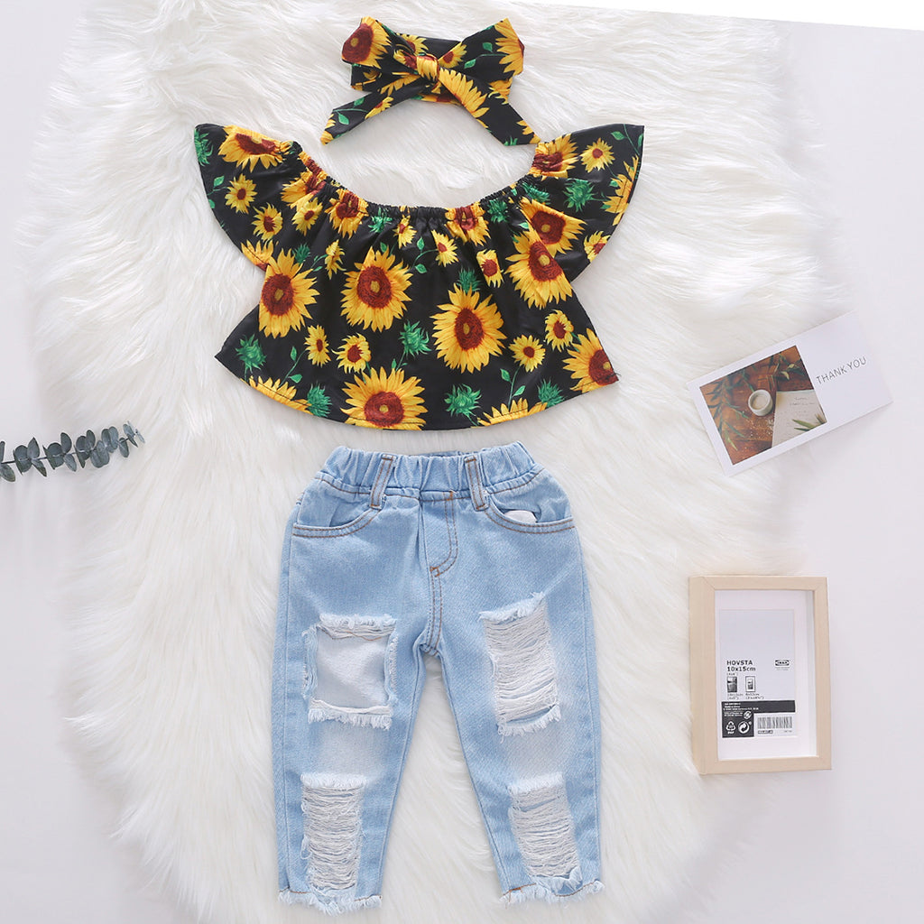 Girls Off Shoulder Floral Print Top With Denim Pants Set Sets Yellow 1-2 Y 