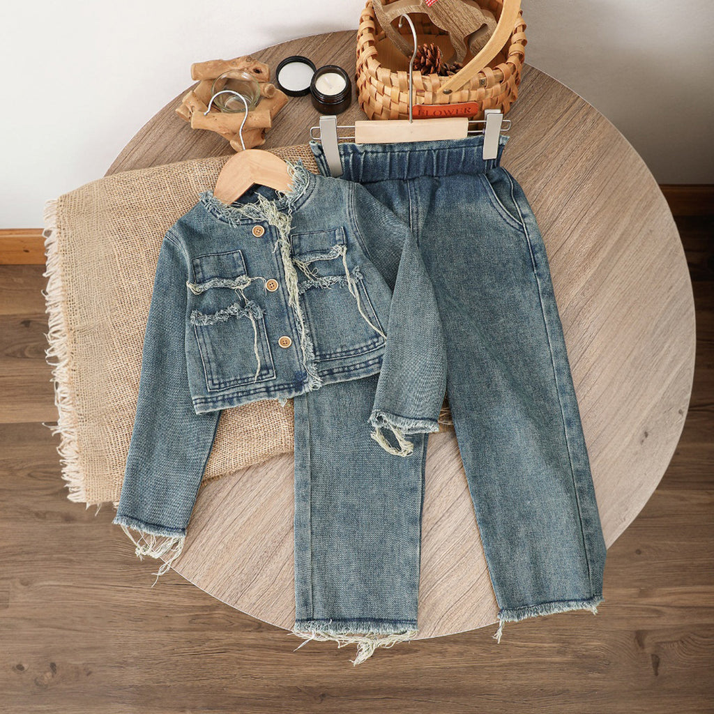 Girls Blue Denim Long Sleeves Jacket With Pants Co-ord Set 2 pc. Sets Blue 3-4 Y