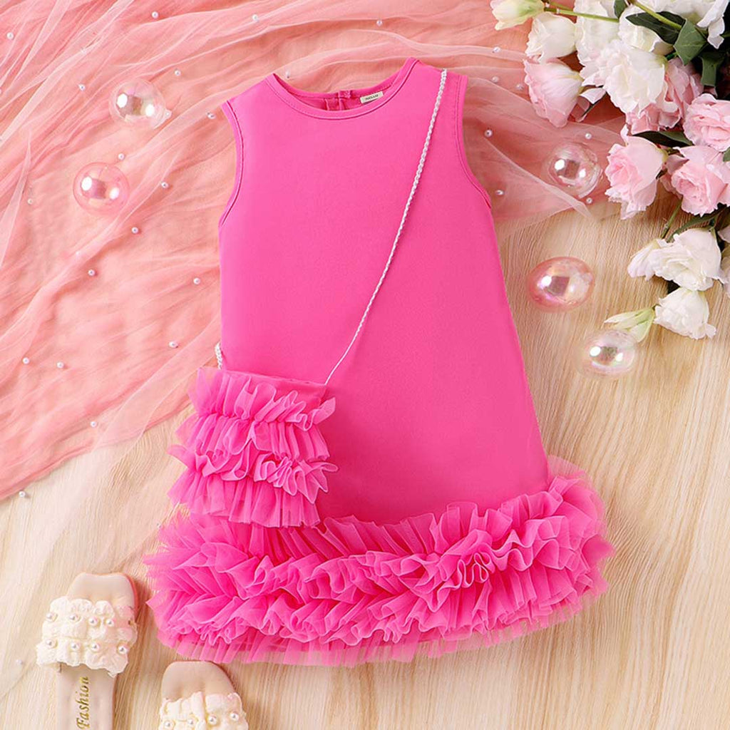 Girls Sleeveless A-line Casual Dress With Sling Bag Casual Dresses Fuchsia 2-3 Y
