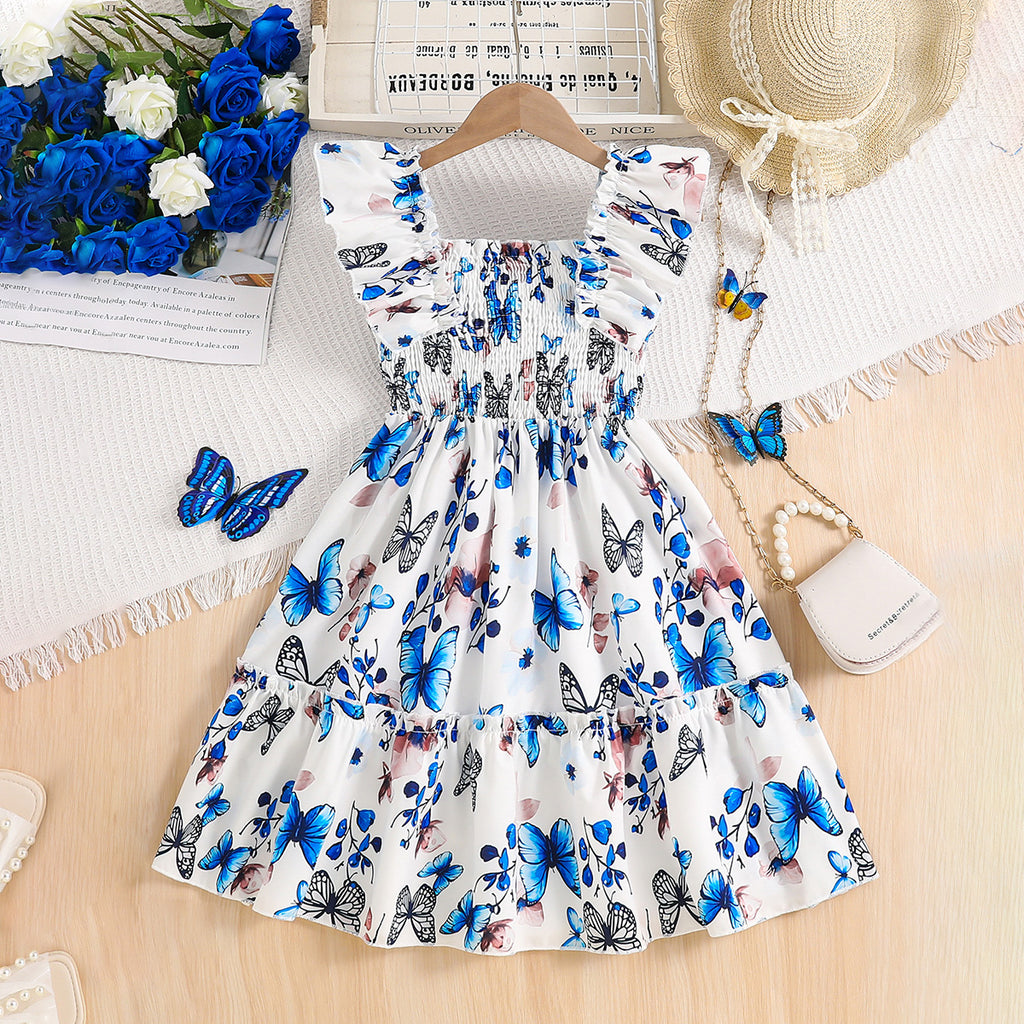 Girls Multicolor Butterfly Printed Sleeveless Square Neck Fit & Flare Dress Casual Dresses