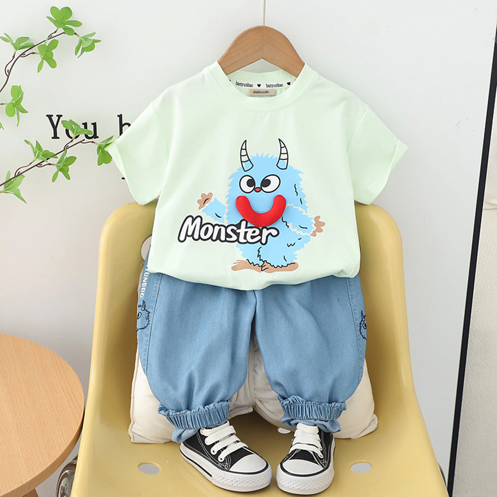Boys Green Monster Cartoon Print Short Sleeves T-Shirt with Denims Set Sets Green 1-2 Y