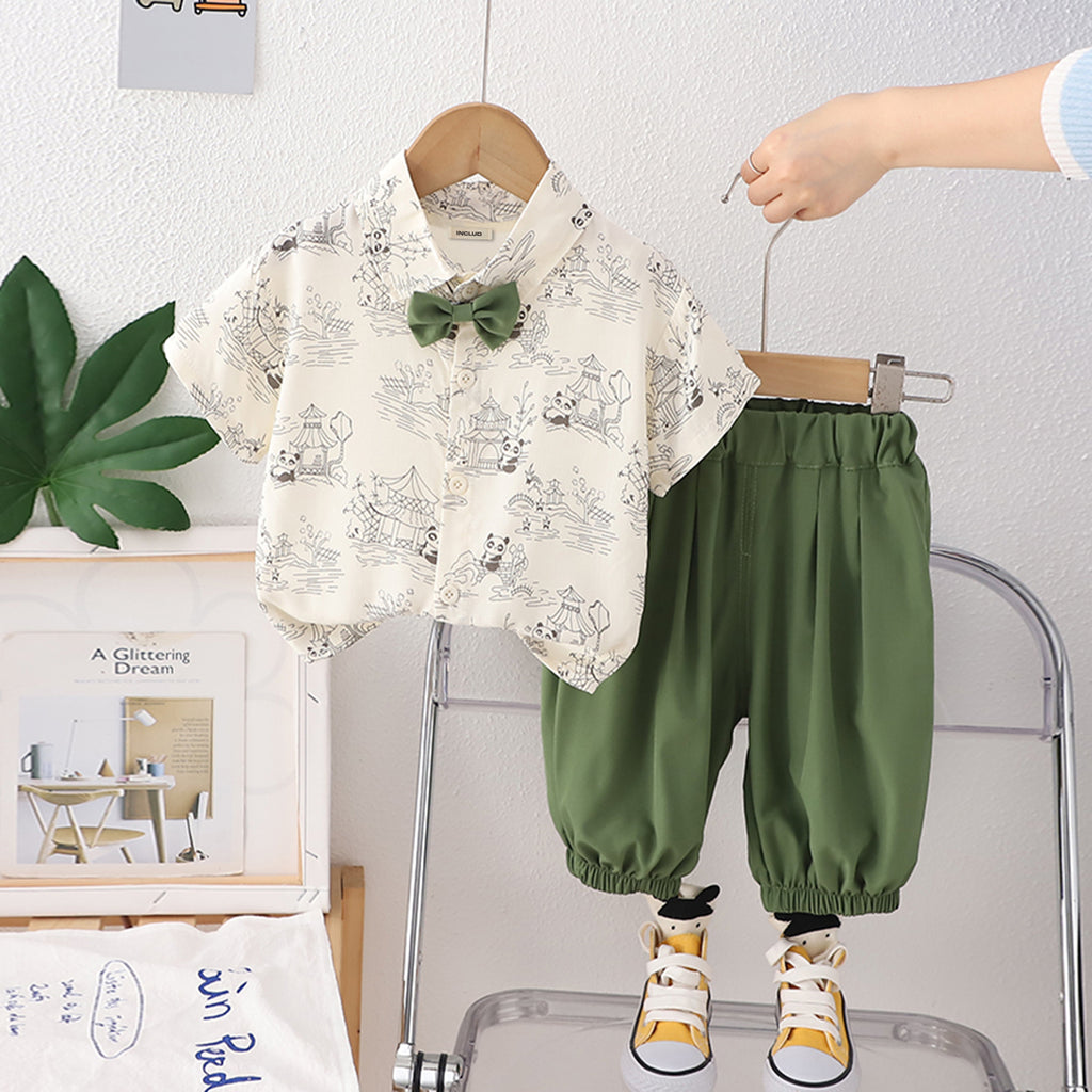 Boys Green Panda Printed Shirt with Joggers Set Sets Green 1-2 Y