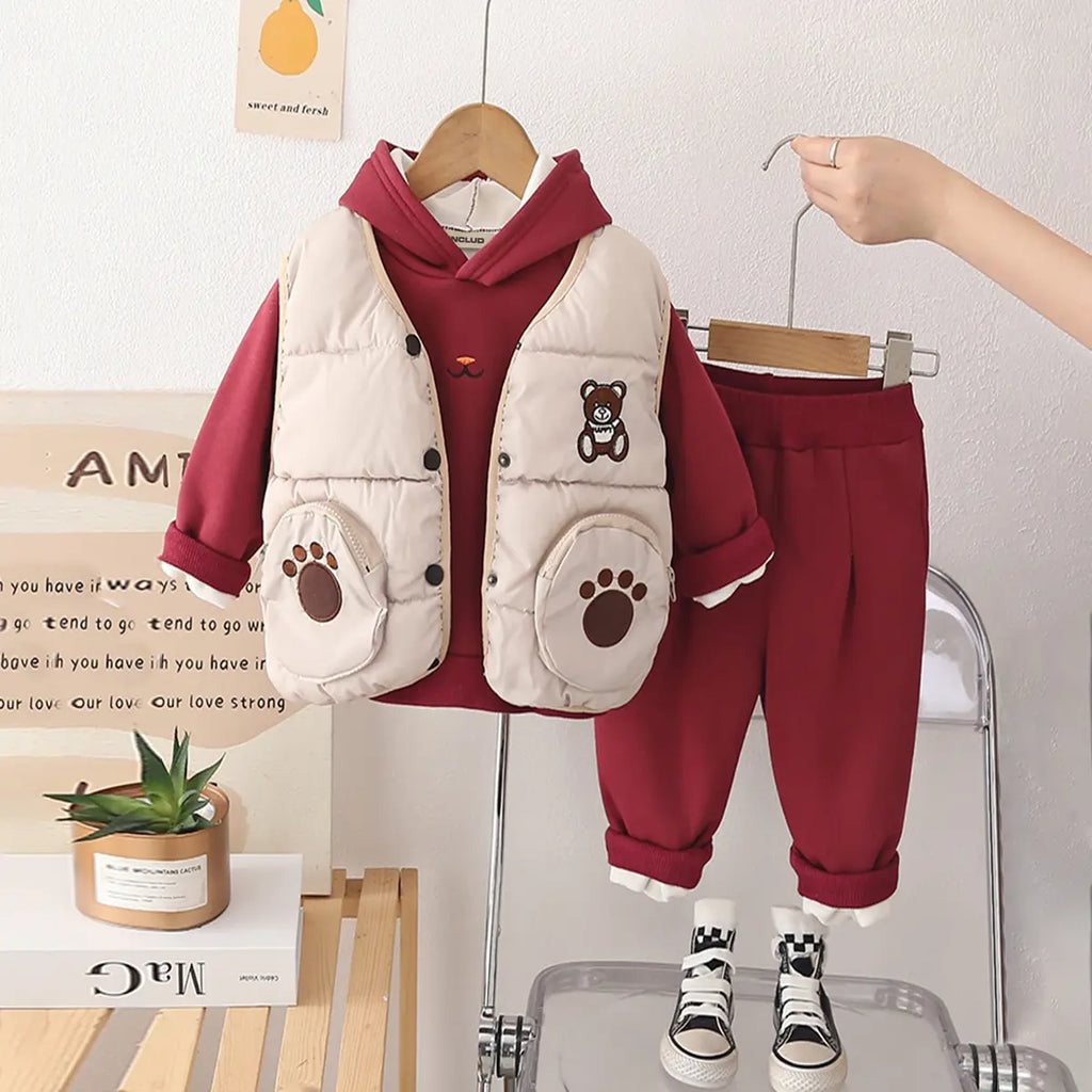 Boys Red Regular Sweatshirt With Sleeveless Jacket & Trouser Sets 3 pc. Sets Red 1-2 Y