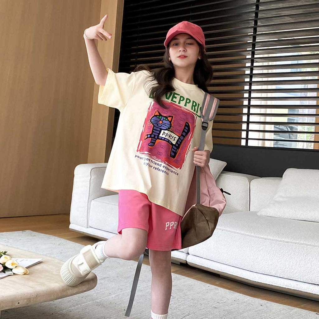 Girls Graphic Print T-Shirt With Shorts Set Sets Apricot 6-7 Y 