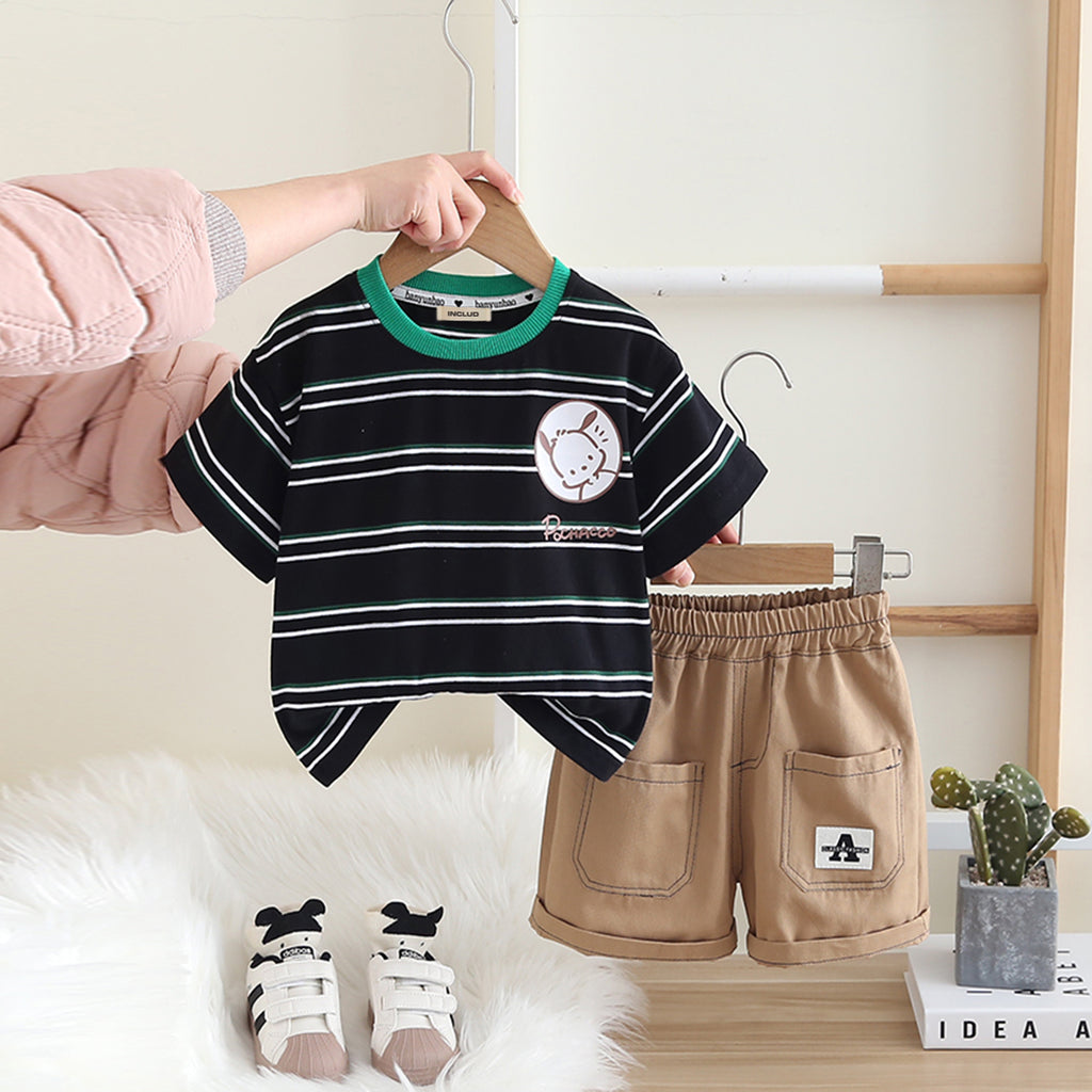 Boys Black Striped Short Sleeves Round Neck T-Shirt With Shorts Set 2 pc. Sets Black 1-2 Y