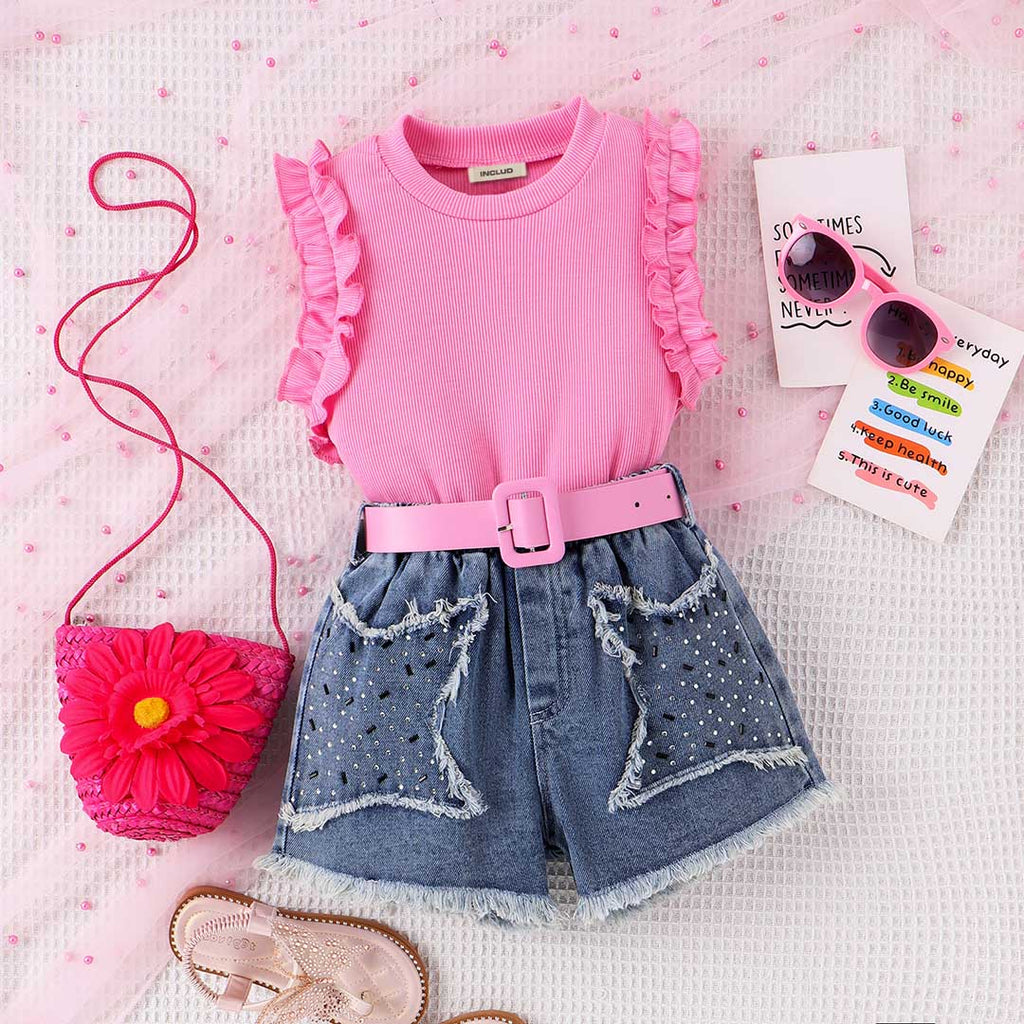 Girls Sleeveless Knitted Top With Denim Shorts & Belt Set Sets Pink 4-5 Y 