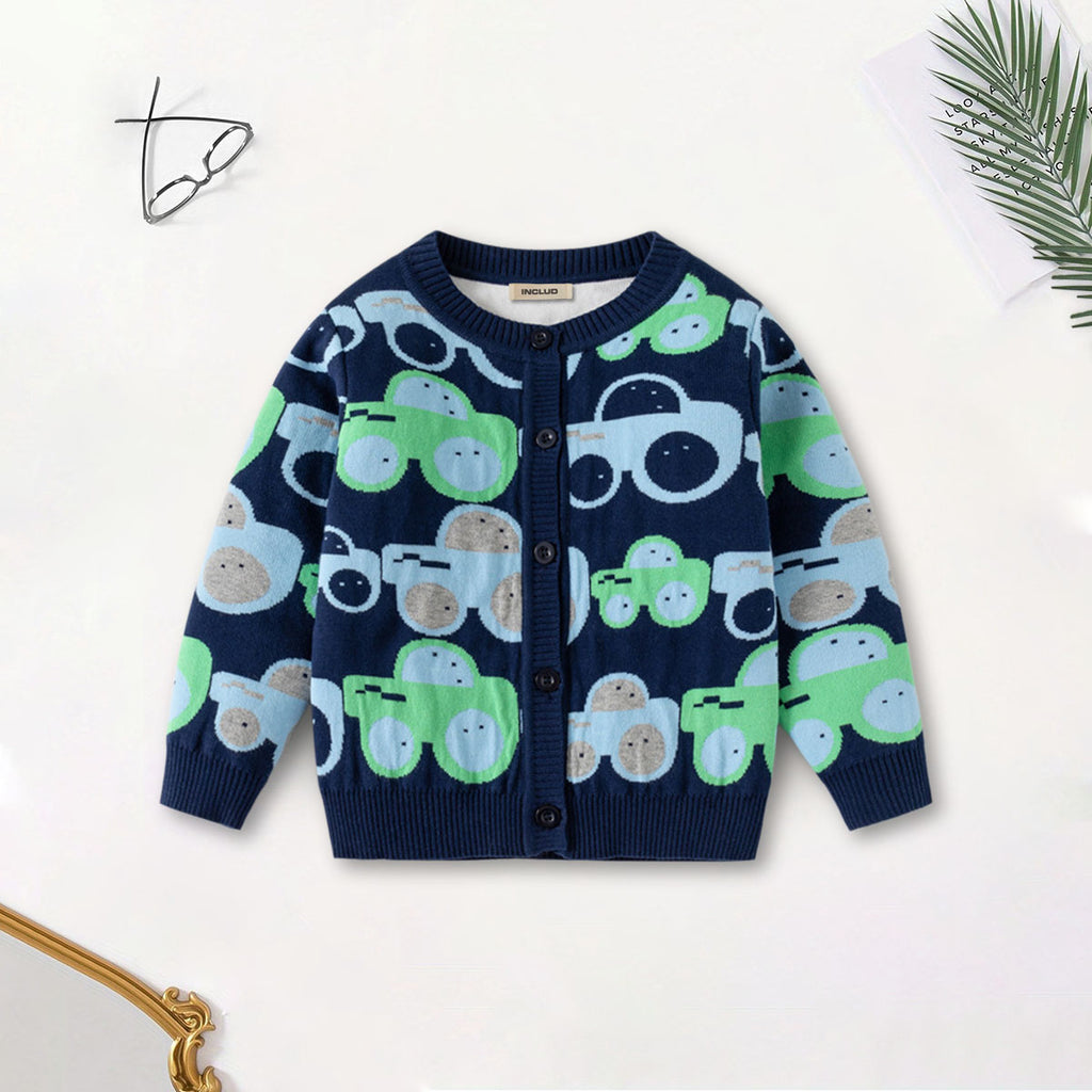 Boys Navy Blue Cardigan With Self-Design Car Patterns Sweaters & Cardigans Navy Blue 2-3 Y