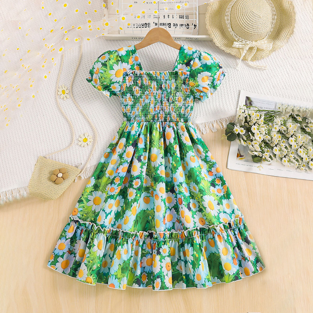 Girls Green Floral Printed Puff Sleeves Smocked Fit & Flare Casual Dress Casual Dresses