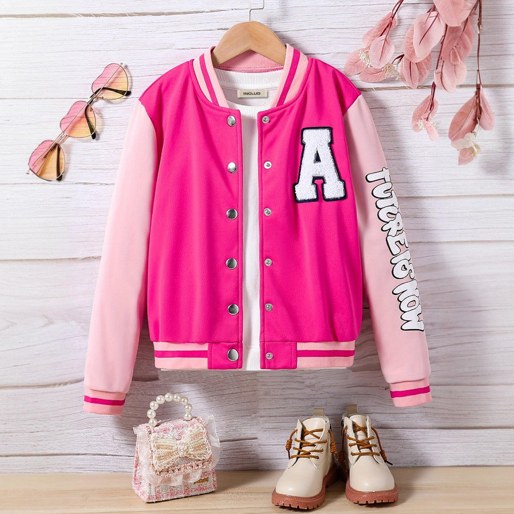 Girls Pink Typographic Printed Winter Varsity Jacket Coats & Jackets Pink 7-8 Y