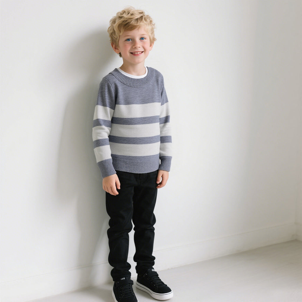 Boys Grey Stripes Pullover Winter Sweater Sweaters & Cardigans Grey 5-6 Y