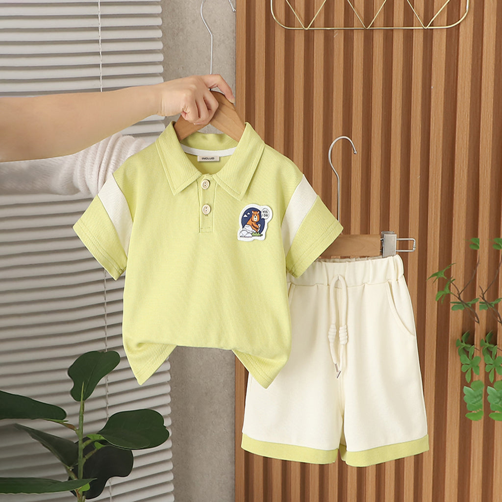 Boys Green Embroidered Short Sleeves Polo T-Shirt With Shorts Set 2 pc. Sets Green 1-2 Y
