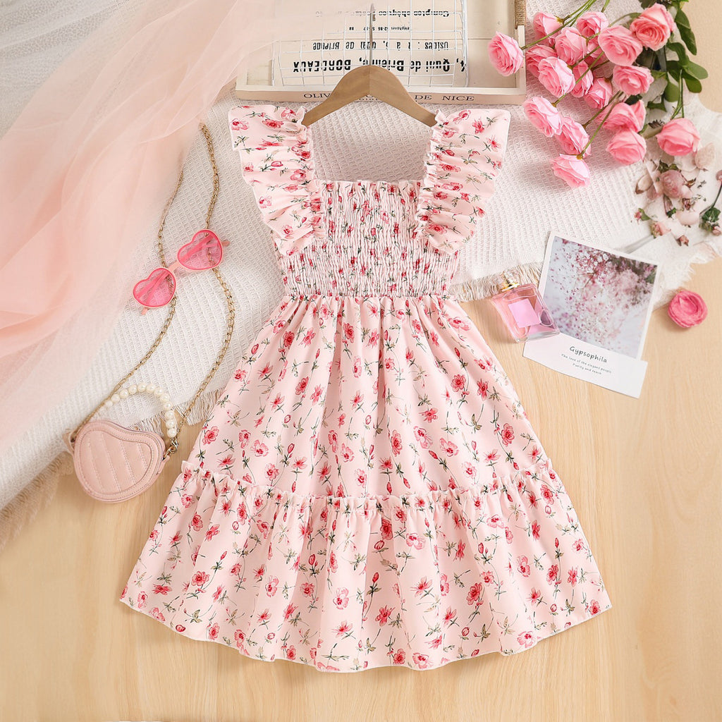 Girls Light Pink Floral Printed Sleeveless Smocked Fit And Flared Casual Dress Casual Dresses Light Pink 3-4 Y