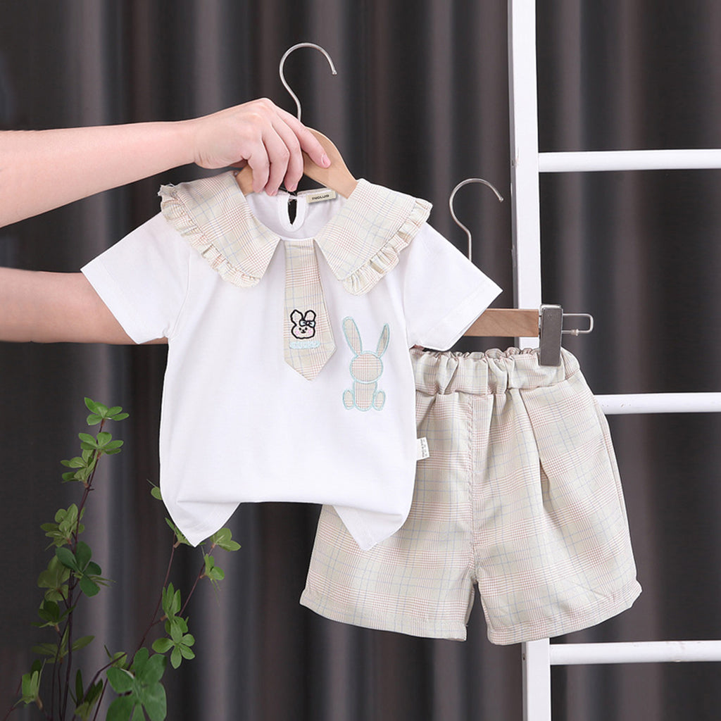 Girls Peter Pan Collar Top With Check Short 2 pc. Sets Beige 1-2 Y 