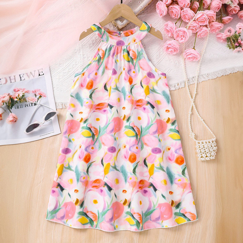 Girls Light Pink Floral Printed Halter Neck Casual Dress Casual Dresses Light Pink 3-4 Y