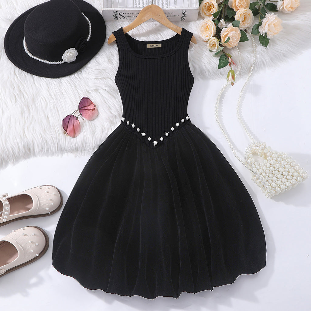 Girls Black Sleeveless Beaded Drop Waist Balloon Dress Casual Dresses Black 7-8 Y