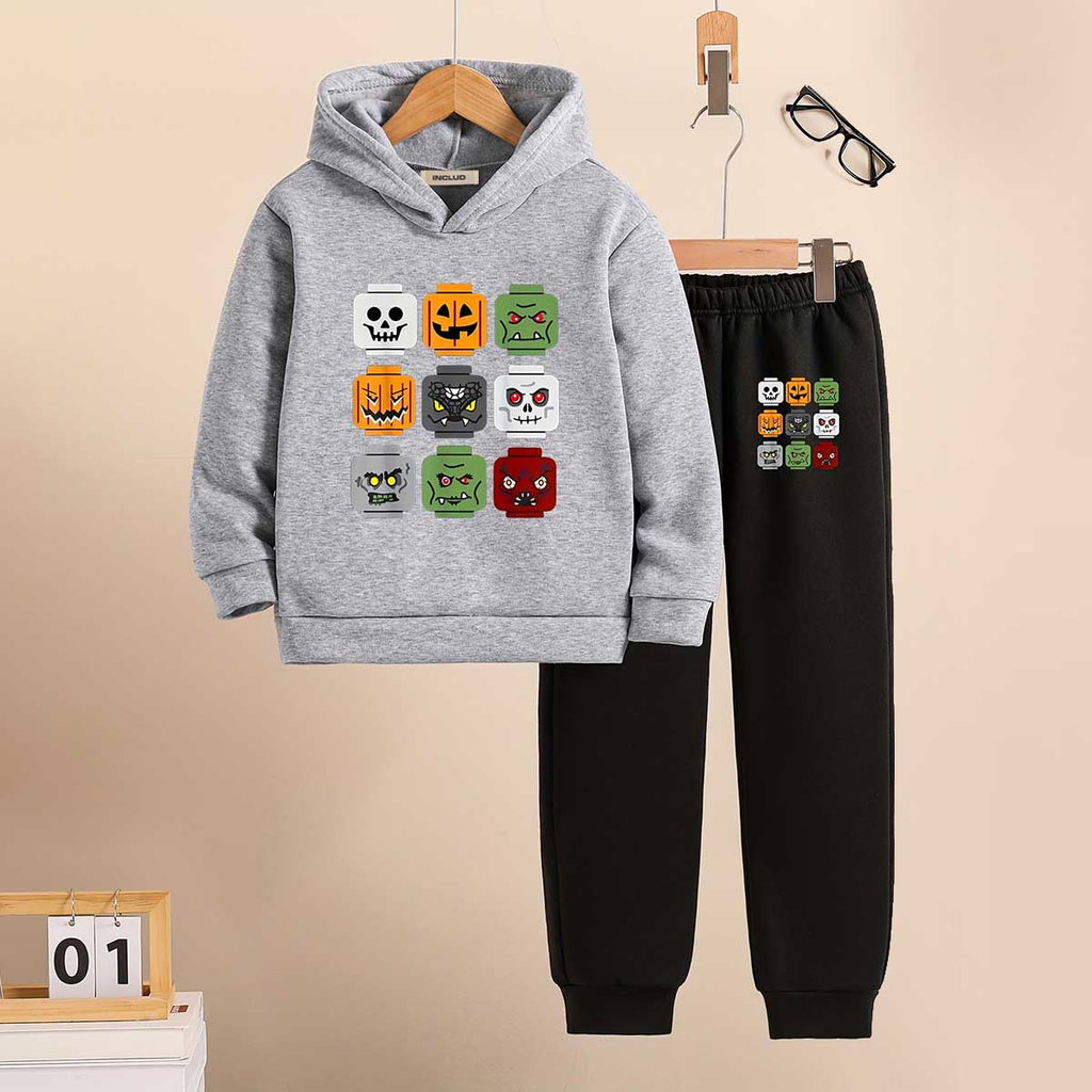Boys Grey Graphics Halloween-Themed Printed Hooded Sweatshirt With Jogger Sets 2 pc. Sets Grey 5-6 Y