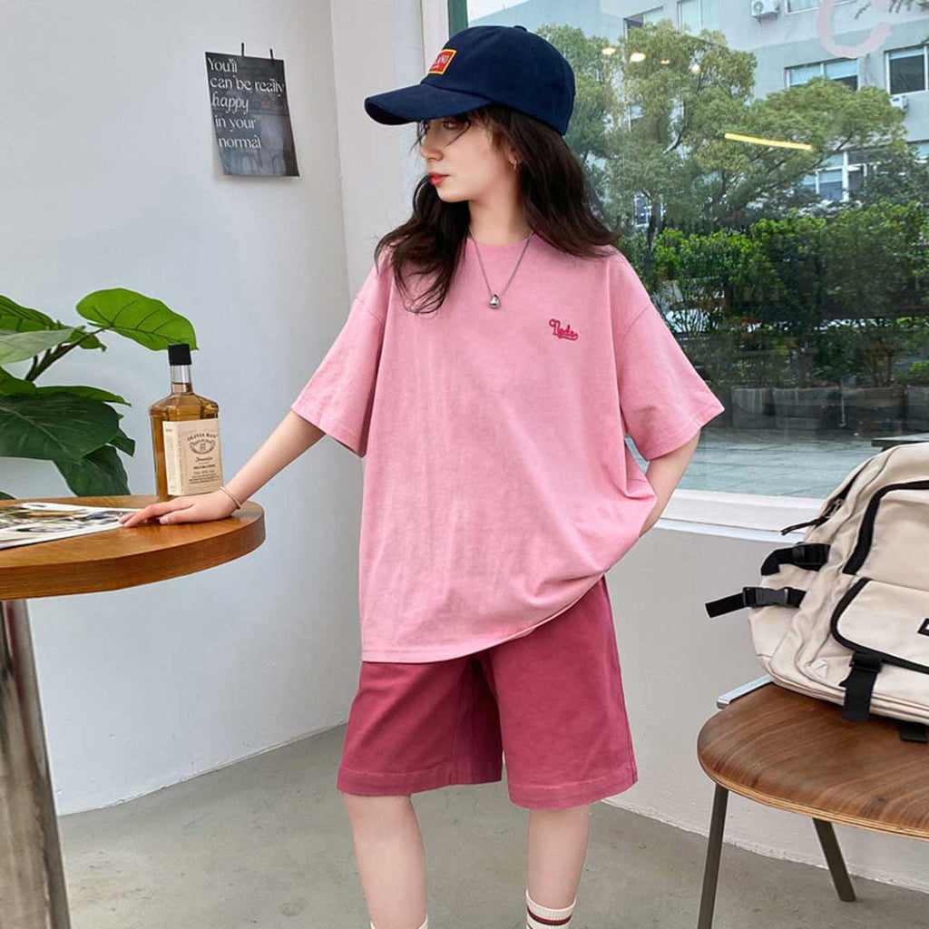 Girls Short Sleeve T-Shirt With Shorts Set Sets Pink 6-7 Y 