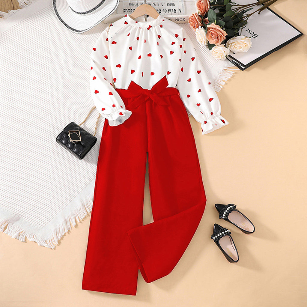 Girls Long Sleeve Heart Print Top With Trousers Set 2 pc. Sets Red 7-8 Y 