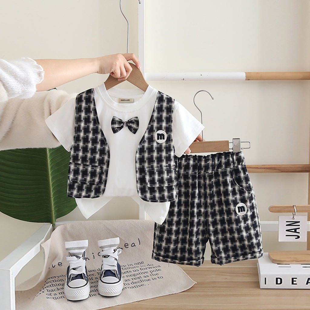 Boys Attached Waistcoat T-Shirt With Black Abstract Printed Shorts Set 2 pc. Sets Black 1-2 Y