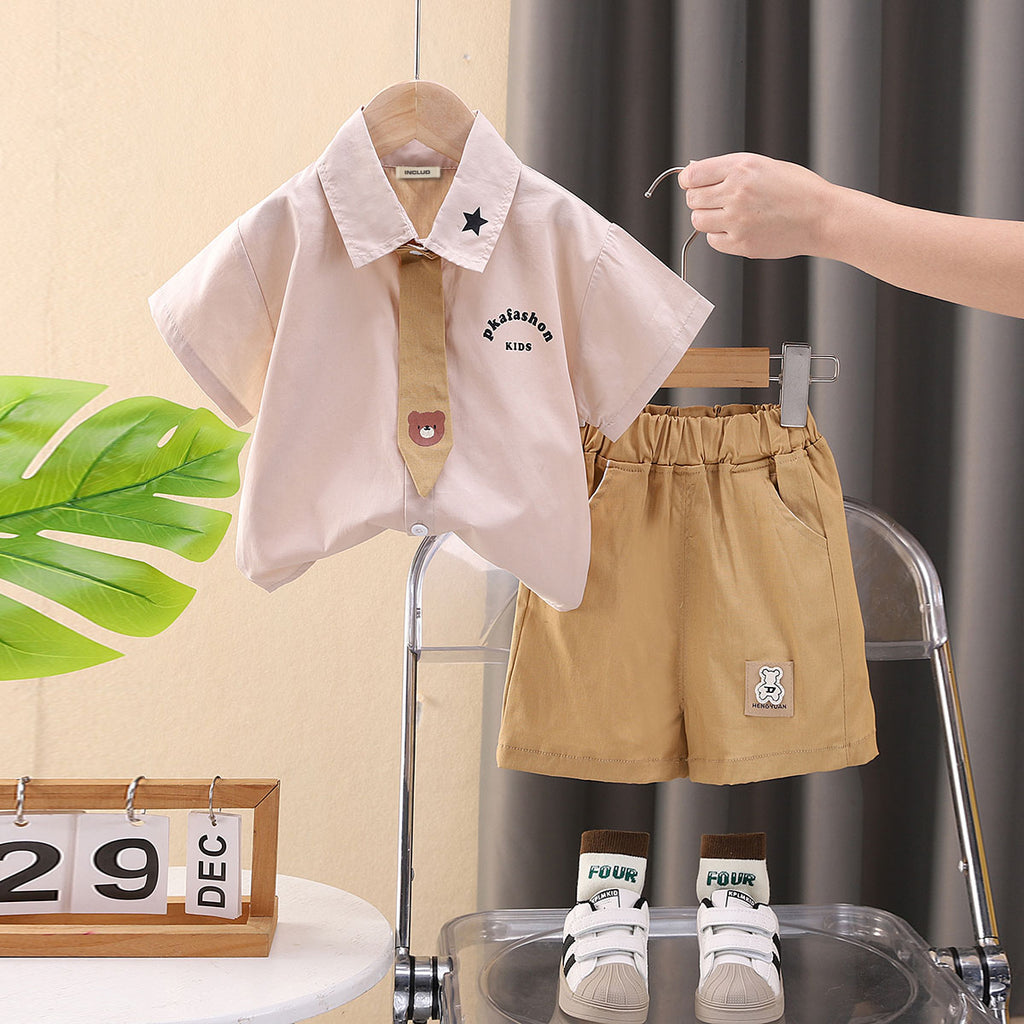Boys Beige Shirt with attached Tie & Khaki Shorts Set Sets Beige 1-2 Y