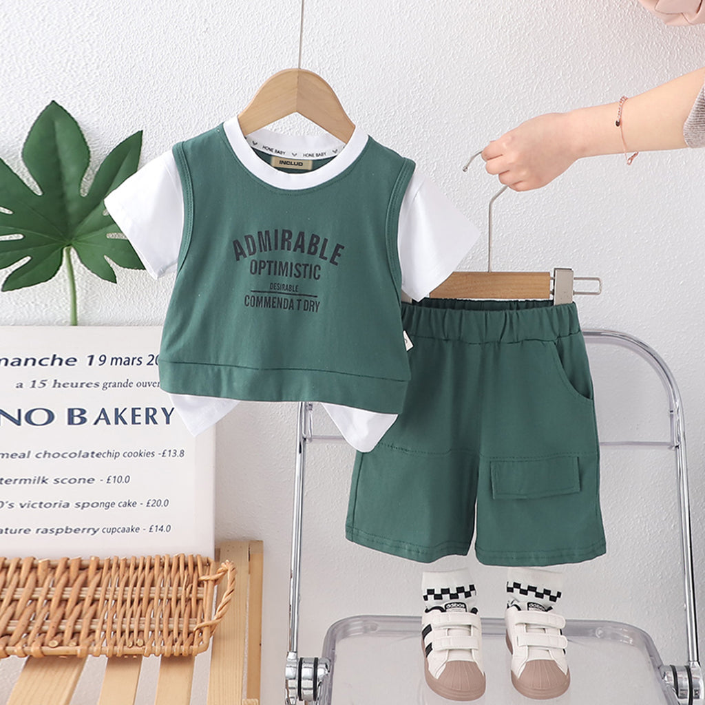 Boys Army Green Typographic Printed Short Sleeves T- Shirt With Shorts Set 2 pc. Sets Army Green 1-2 Y