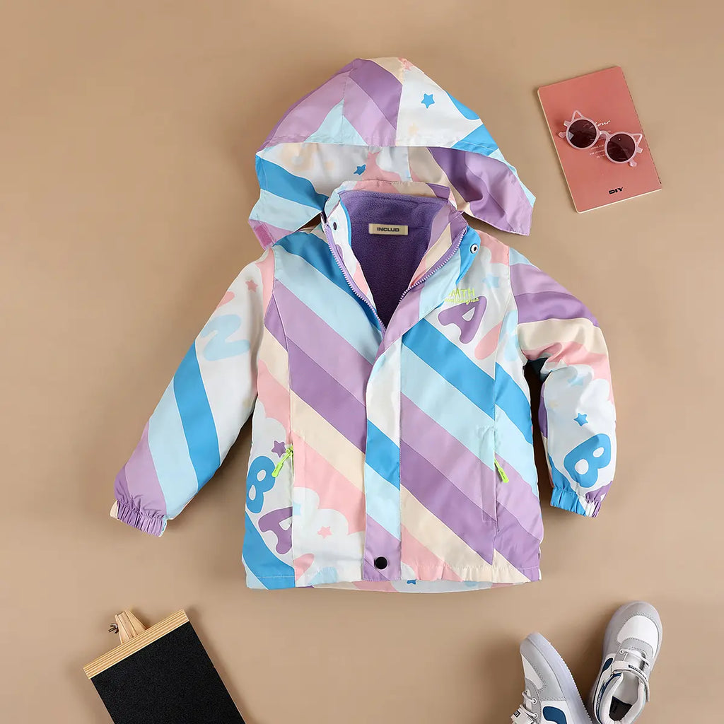 Girls Purple Diagonal Stripe Printed Hooded Zipper Jacket Coats & Jackets Purple 3-4 Y