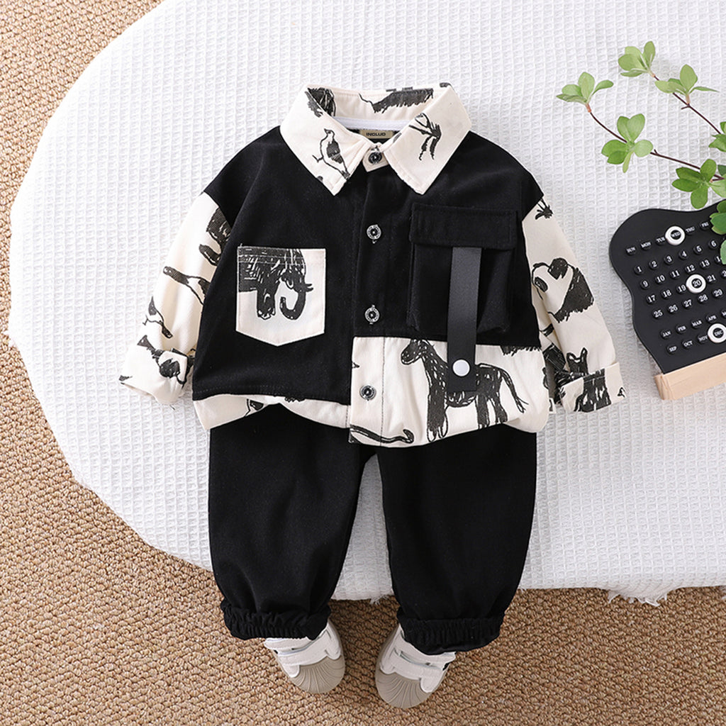 Boys Black Animals Printed Shirt With Pant Set 2 pc. Sets Black 1-2 Y
