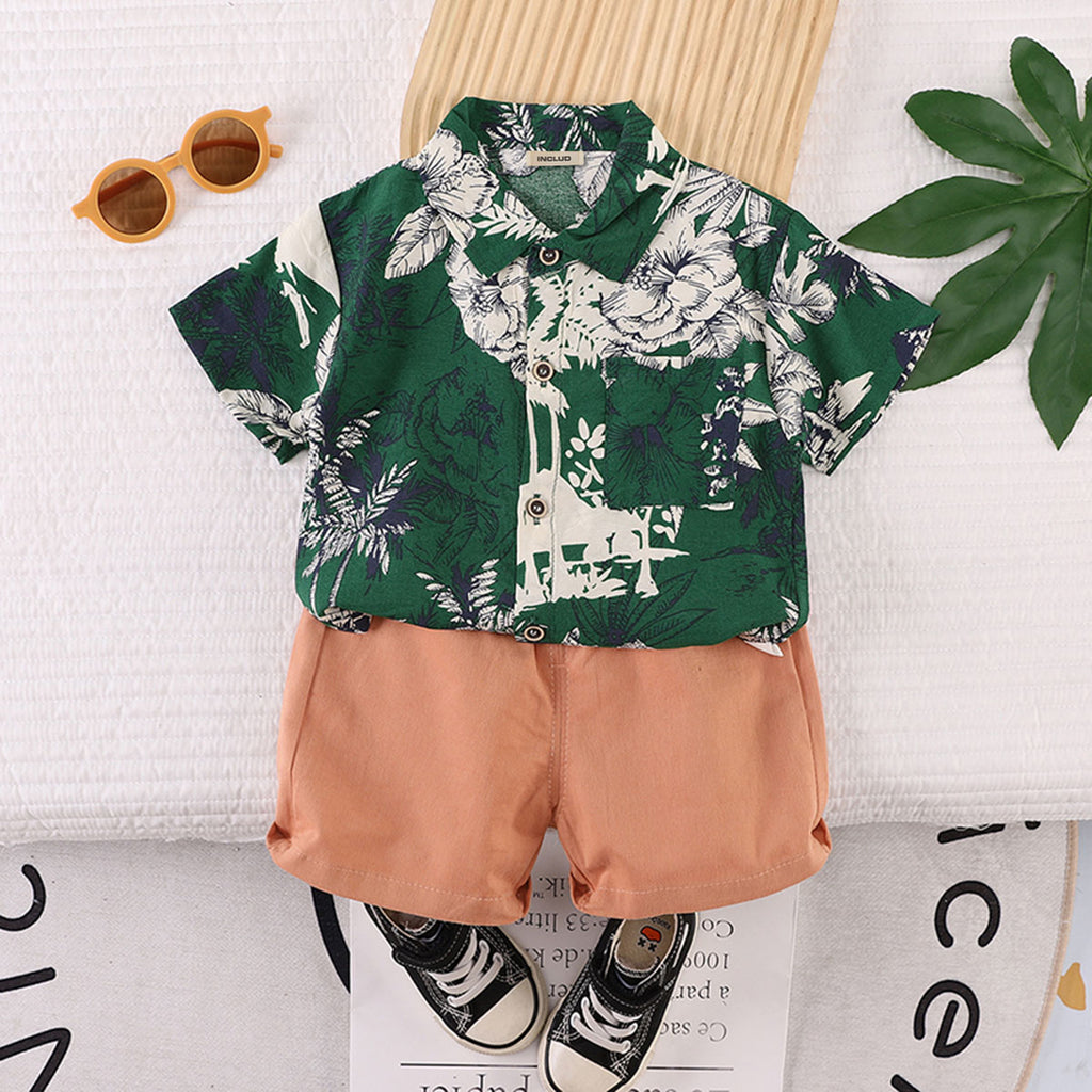 Boys Green Tropical Print Short Sleeve Shirt With Shorts Set 2 pc. Sets Green 1-2 Y