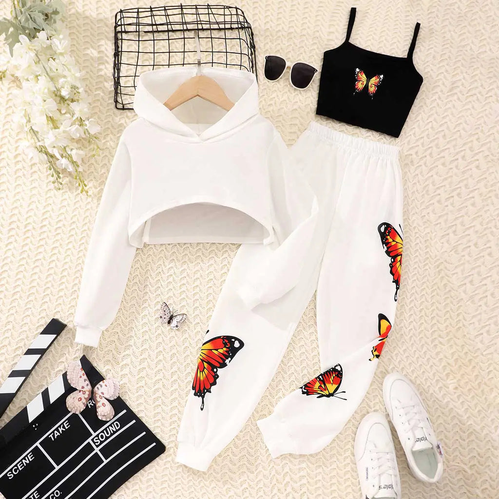 Girls White Hooded Long Sleeves Crop Top With Cami Top & Jogger Sets Sets White 7-8 Y