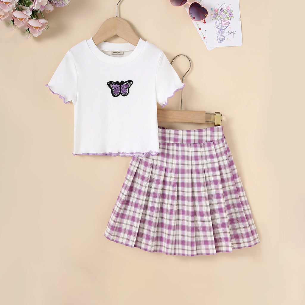 Girls Pink Butterfly Applique Short Sleeves T-Shirt With Pleated Skirt Set 2 pc. Sets Pink 5-6 Y