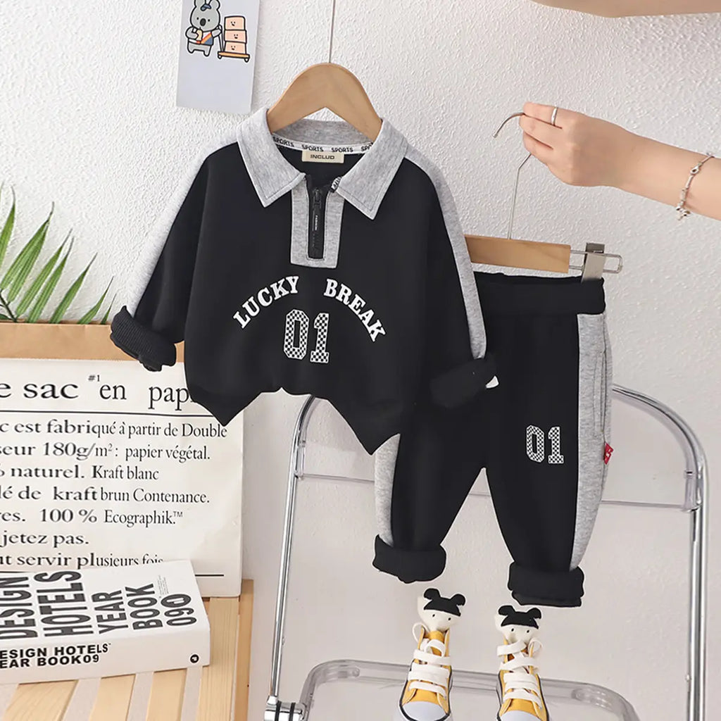 Boys Black Alphanumeric Printed Polo Sweatshirt With jogger Co-ord Sets Sets Black 1-2 Y