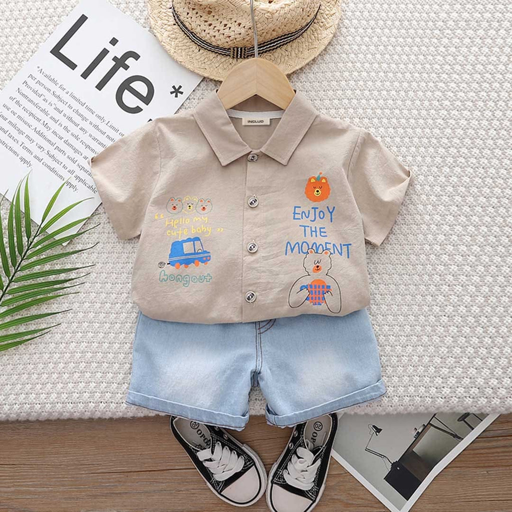Boys Graphic Print Shirt With Denim Shorts Set 2 pc. Sets Khaki 1-2 Y 
