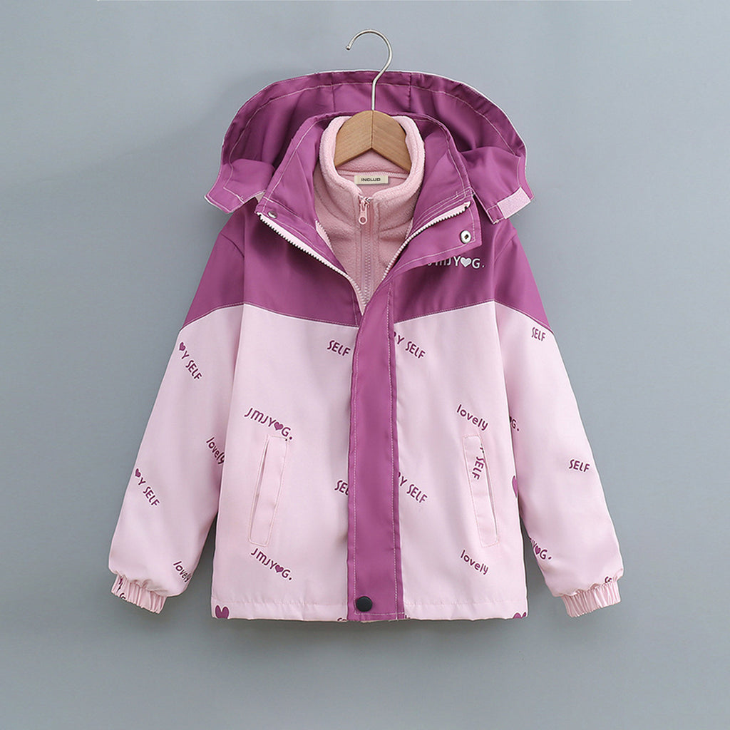 Girls Pink Typographic Printed Hooded Jacket With Detachable Fleece Inner Jacket Coats & Jackets Pink 3-4 Y